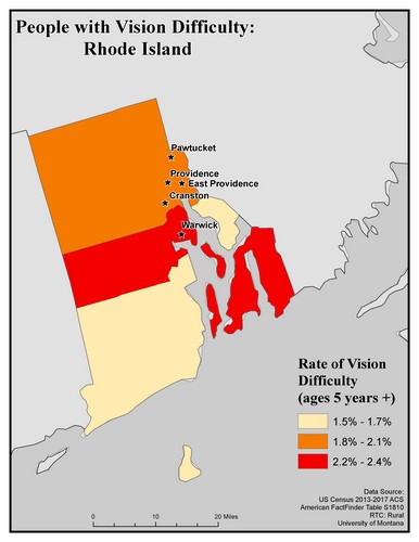 Map of RI showing rates of vision difficulty by county. Text description on page.