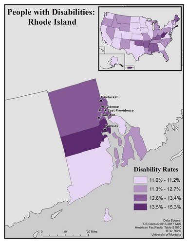 map of RI showing disability rate by county. Text description on page. 