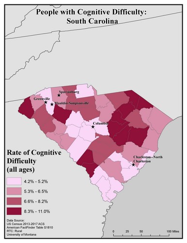 Map of SC showing rates of cognitive difficulty. Text description on page.