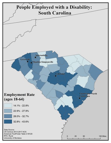 Map of SC showing rates of people with disability employed. Text description on page.