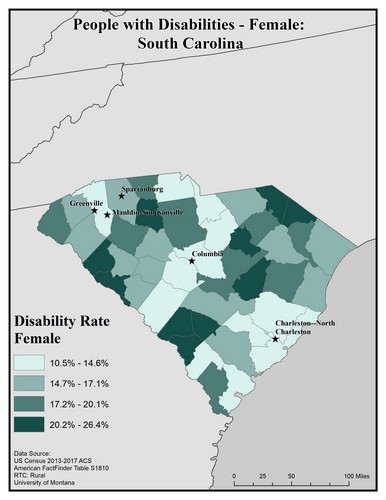 Map of SC showing rates of disability among females. Text description on page. 