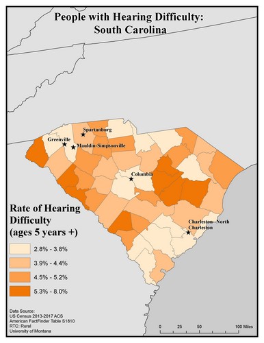 Map of LA showing rates of hearing impairment by county. Text description on page. 