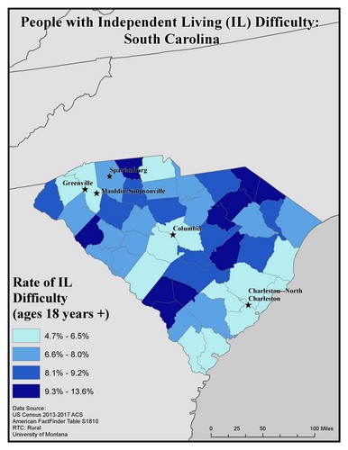 Map of SC showing rates of IL difficulty. Text description on page.