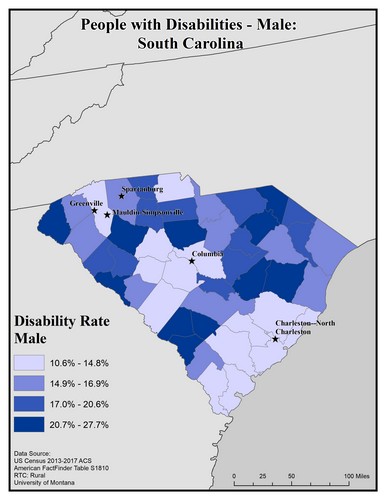 Map of SC showing rates of disability among males. Text description on page. 