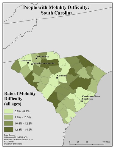 Map of SC showing rates of mobility difficulty. Text description on page.