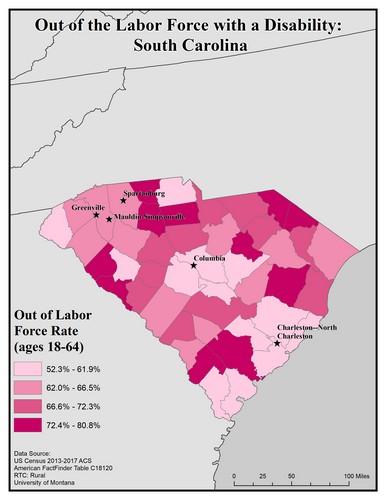 Map of SC showing rates of people with disability out of labor force. Text description on page.