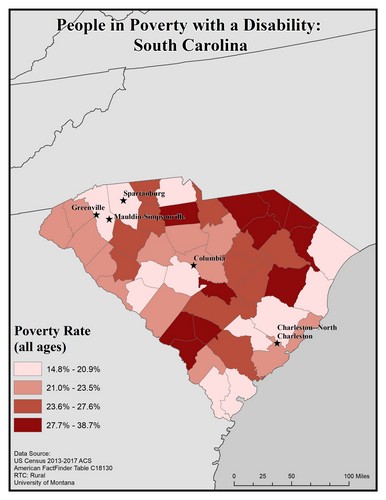 Map of SC showing rates of people with disabilities in poverty. Text description on page.