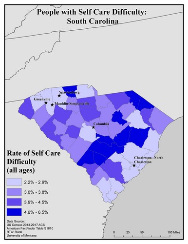 Map of SC showing rates of self-care difficulty. Text description on page.