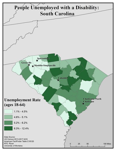 Map of SC showing rates of unemployment for people with disabilities. Text description on page.