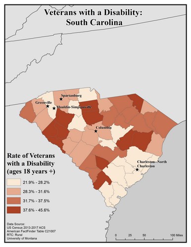 Map of SC showing rates of veterans with disability. Text description on page.