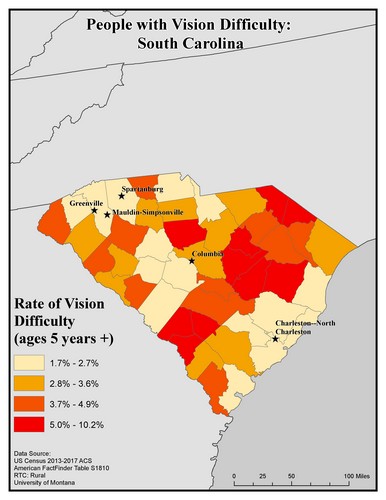 Map of SC showing rates of vision difficulty by county. Text description on page.