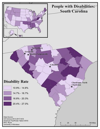 map of SC showing disability rate by county. Text description on page. 