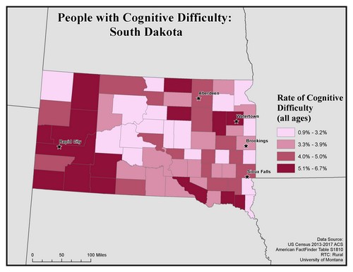 Map of SD showing rates of cognitive difficulty. Text description on page.
