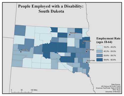 Map of SD showing rates of people with disability employed. Text description on page.