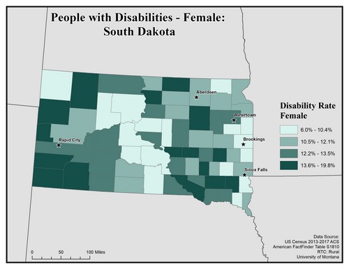 Map of SD showing rates of disability among females. Text description on page. 