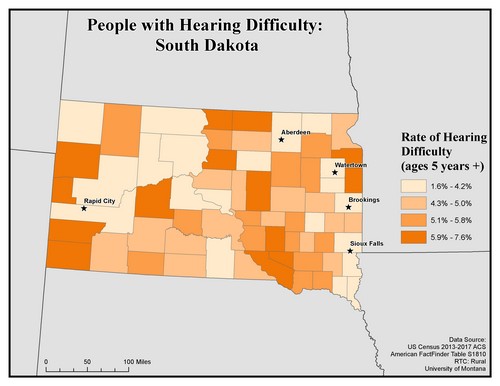 Map of SD showing rates of hearing impairment by county. Text description on page. 