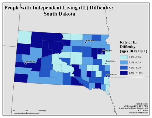 Map of SD showing rates of IL difficulty. Text description on page.
