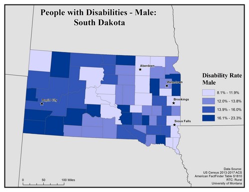 Map of SD showing rates of disability among males. Text description on page. 