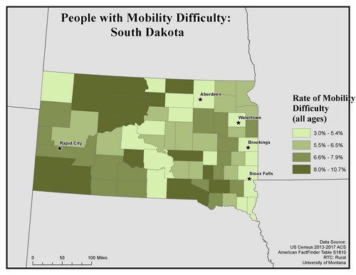 Map of SD showing rates of mobility difficulty. Text description on page.