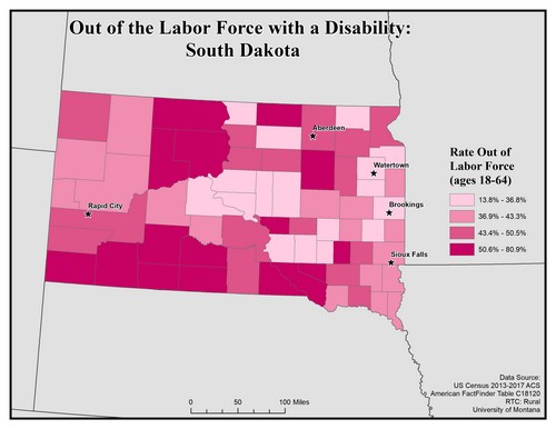 Map of SD showing rates of people with disability out of labor force. Text description on page.