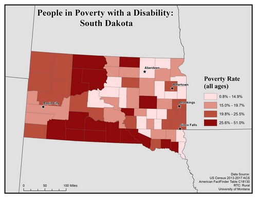 Map of SD showing rates of people with disabilities in poverty. Text description on page.