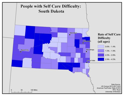 Map of SD showing rates of self-care difficulty. Text description on page.