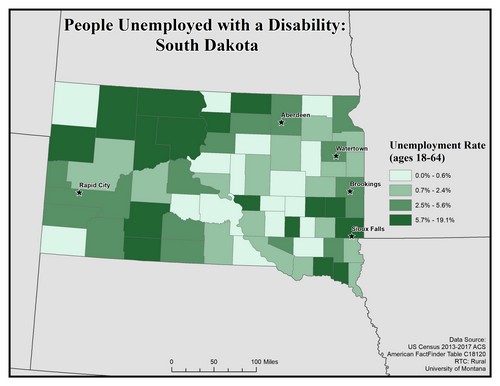 Map of SD showing rates of unemployment for people with disabilities. Text description on page.