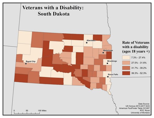 Map of SD showing rates of veterans with disability. Text description on page.
