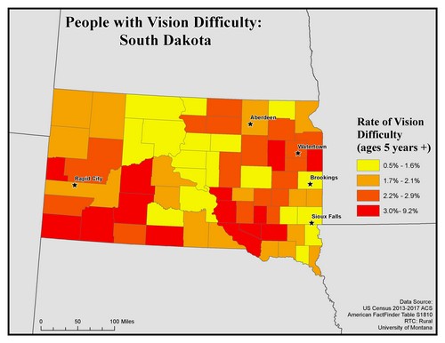 Map of SD showing rates of vision difficulty by county. Text description on page.