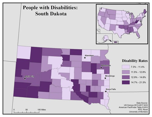 map of SD showing disability rate by county. Text description on page. 