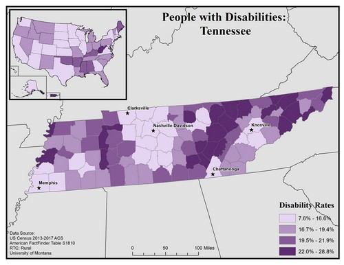 map of TN showing disability rate by county. Text description on page. 