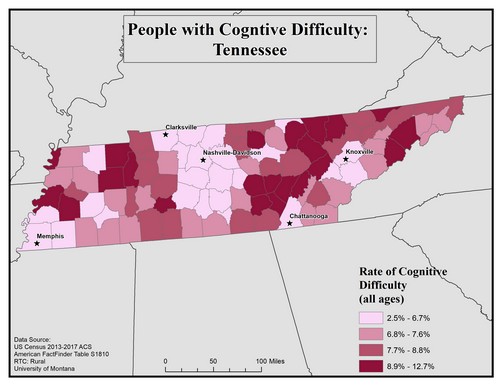 Map of TN showing rates of cognitive difficulty. Text description on page.