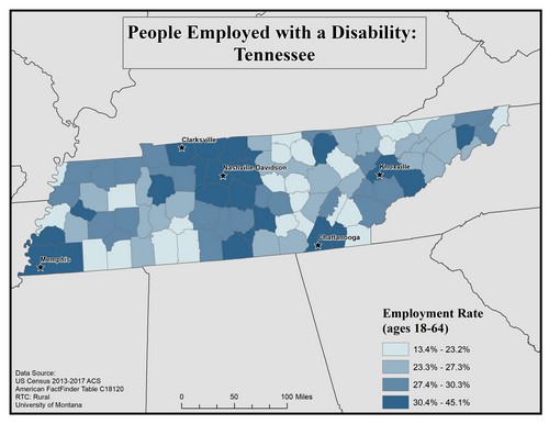 Map of TN showing rates of people with disability employed. Text description on page.