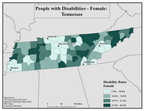 Map of TN showing rates of disability among females. Text description on page. 