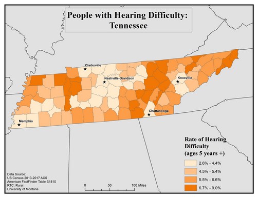 Map of TN showing rates of hearing impairment by county. Text description on page. 
