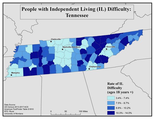 Map of TN showing rates of IL difficulty. Text description on page.