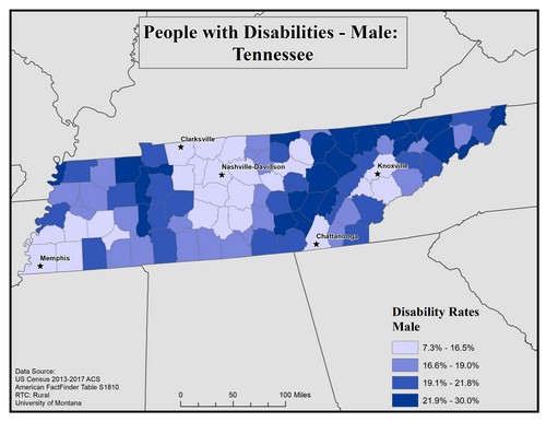 Map of TN showing rates of disability among males. Text description on page. 