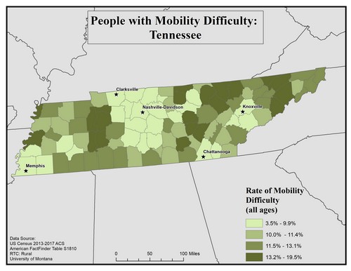 Map of TN showing rates of mobility difficulty. Text description on page.