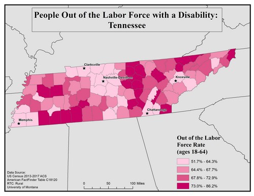 Map of TN showing rates of people with disability out of labor force. Text description on page.