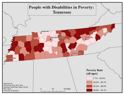 Map of TN showing rates of people with disabilities in poverty. Text description on page.