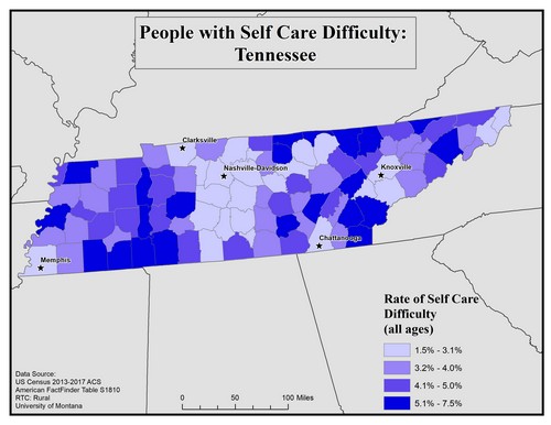 Map of TN showing rates of self-care difficulty. Text description on page.