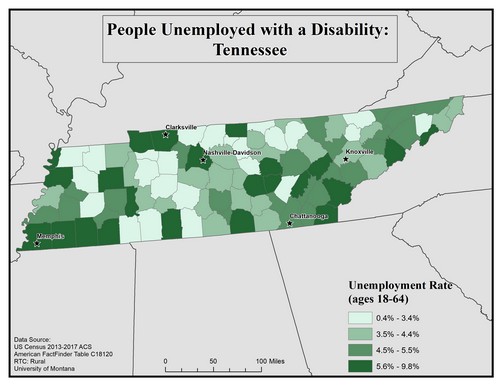 Map of TN showing rates of unemployment for people with disabilities. Text description on page.