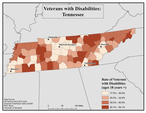 Map of TN showing rates of veterans with disability. Text description on page.