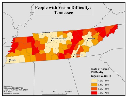 Map of TN showing rates of vision difficulty by county. Text description on page.