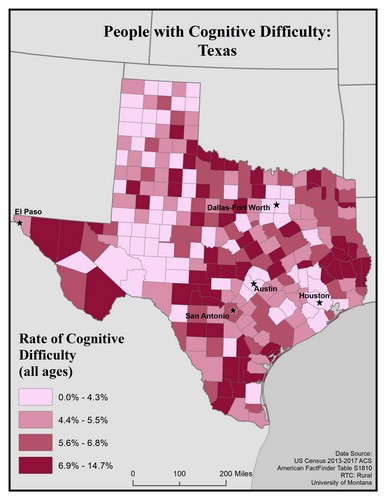 Map of TX showing rates of cognitive difficulty. Text description on page.