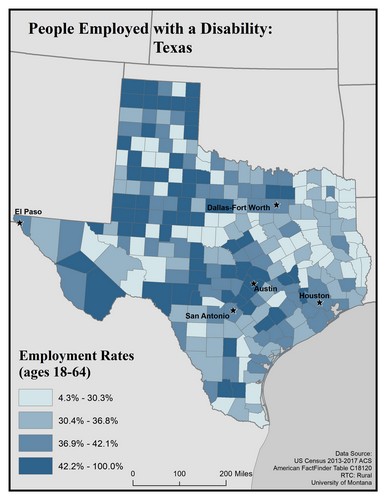 Map of TX showing rates of people with disability employed. Text description on page.