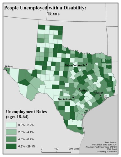Map of TX showing rates of unemployment for people with disabilities. Text description on page.