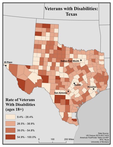 Map of TX showing rates of veterans with disability. Text description on page.