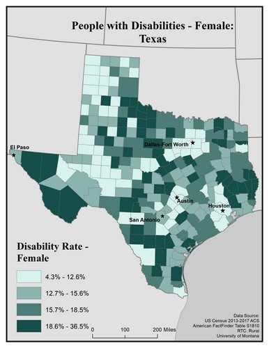Map of TX showing rates of disability among females. Text description on page. 