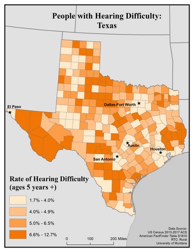 Map of TX showing rates of hearing impairment by county. Text description on page. 